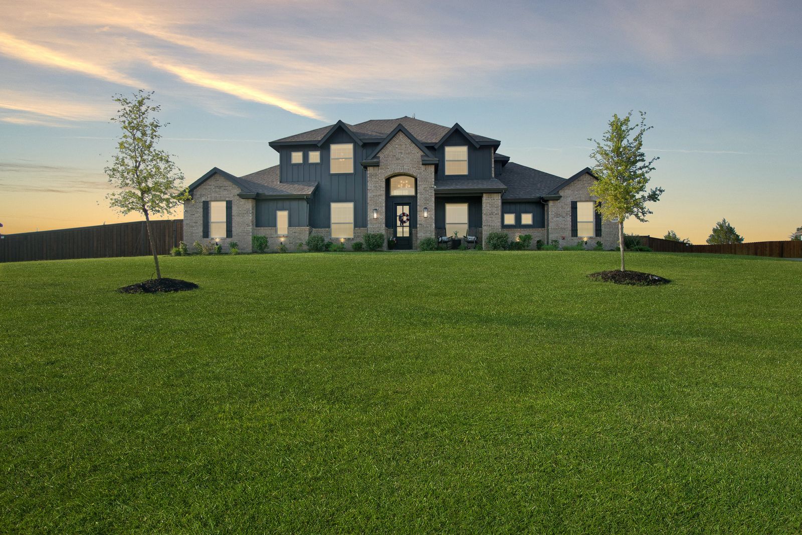 Front exterior finished as a golden-hour virtual twilight