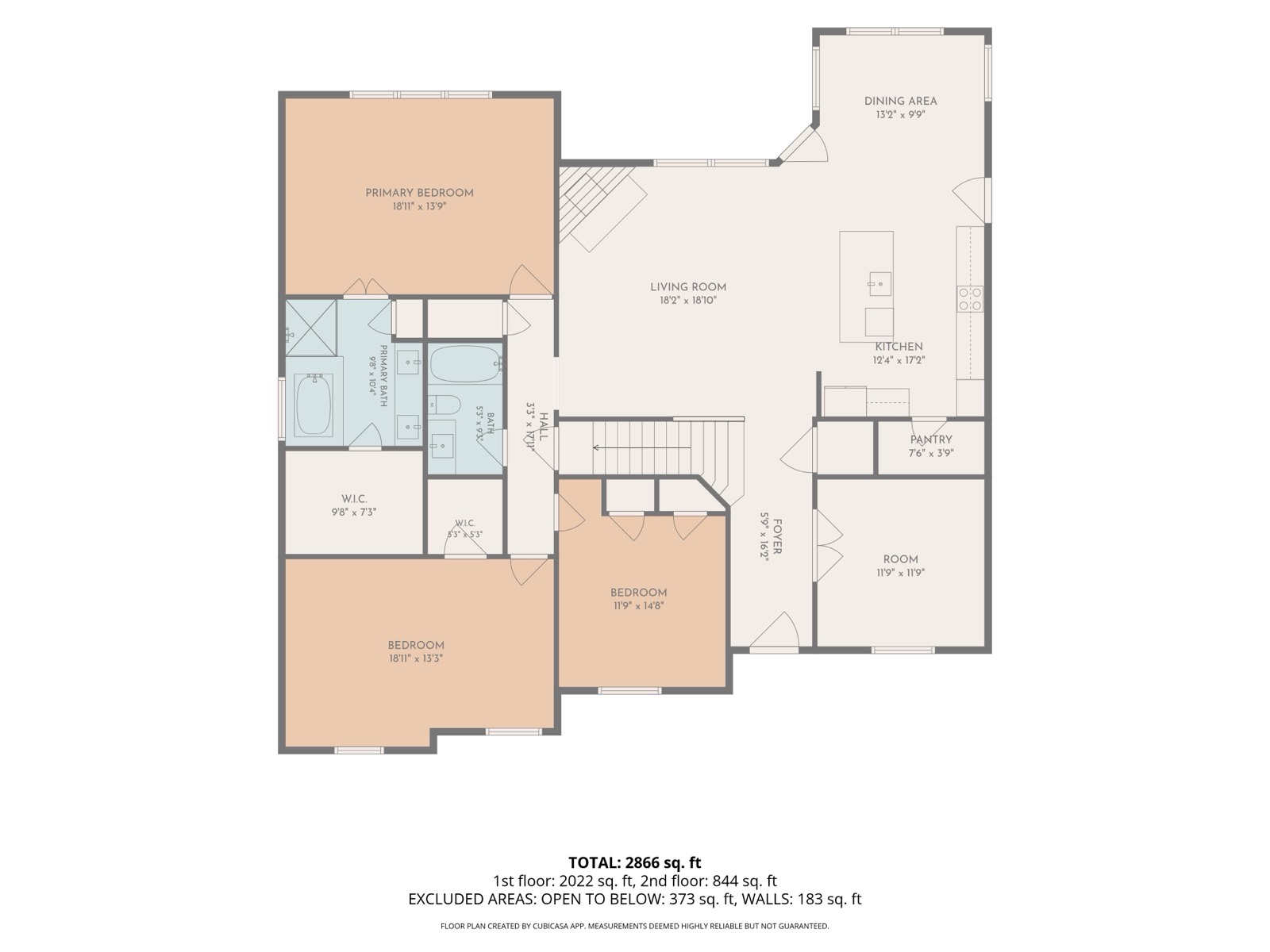 Example 2D floor plan with room dimensions for a 2,866 square foot home